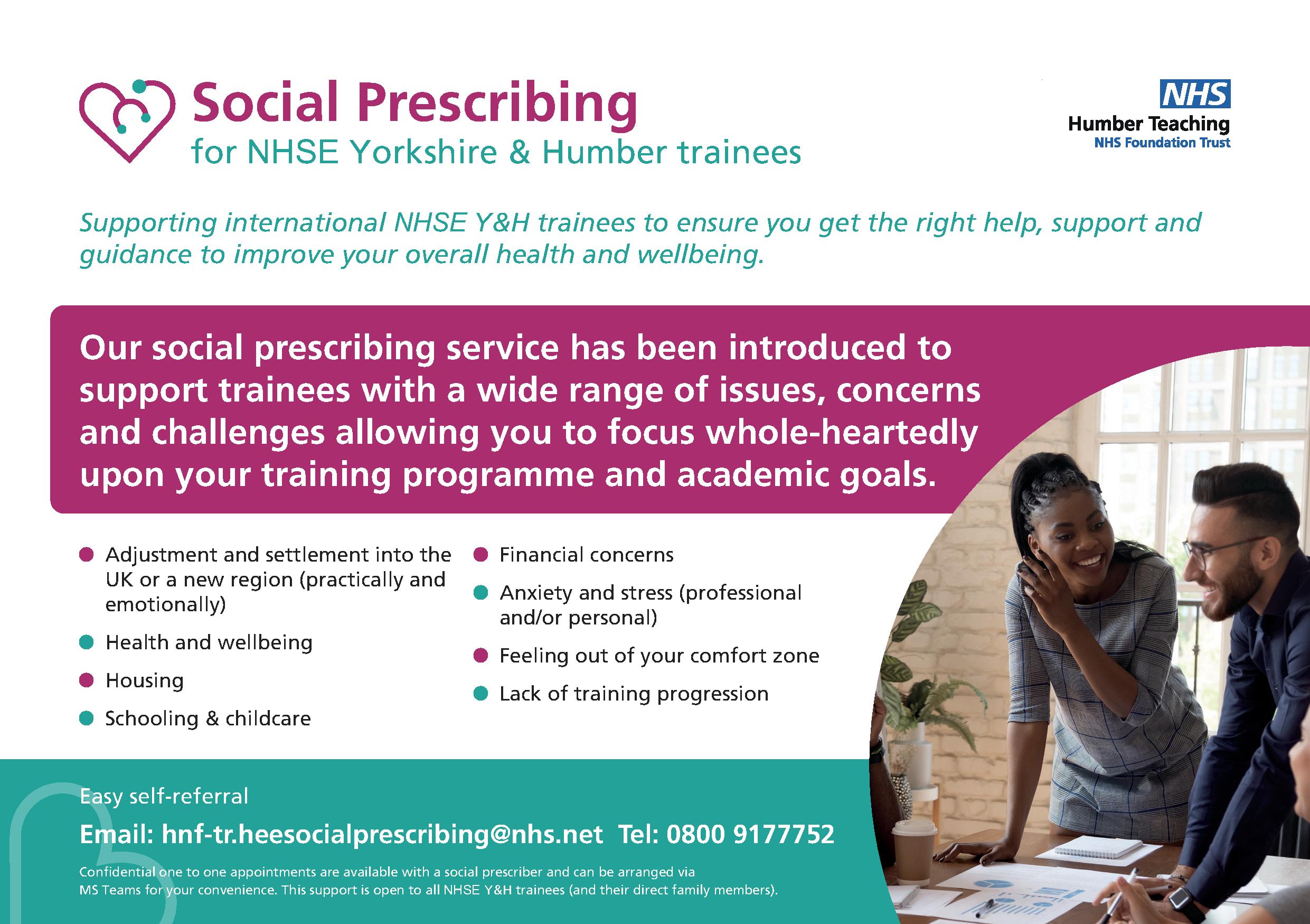 Flyer advertising the NHSE Yorkshire and Humber Social Prescribing Service for International Medical Graduates